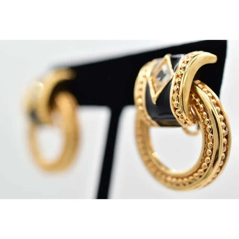 Swarovski Vintage Crystal Clip On Earrings Black Dangle Gold Swan Signed BinBK